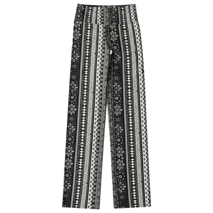 Grey Flared Leggings With 70s Ethnic Stripe Print