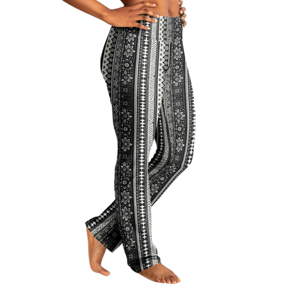 Grey Flared Leggings With 70s Ethnic Stripe Print