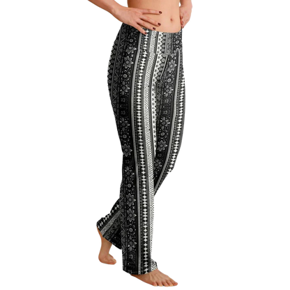 Grey Flared Leggings With 70s Ethnic Stripe Print