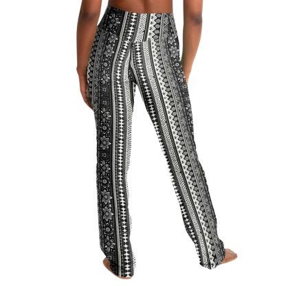 Grey Flared Leggings With 70s Ethnic Stripe Print