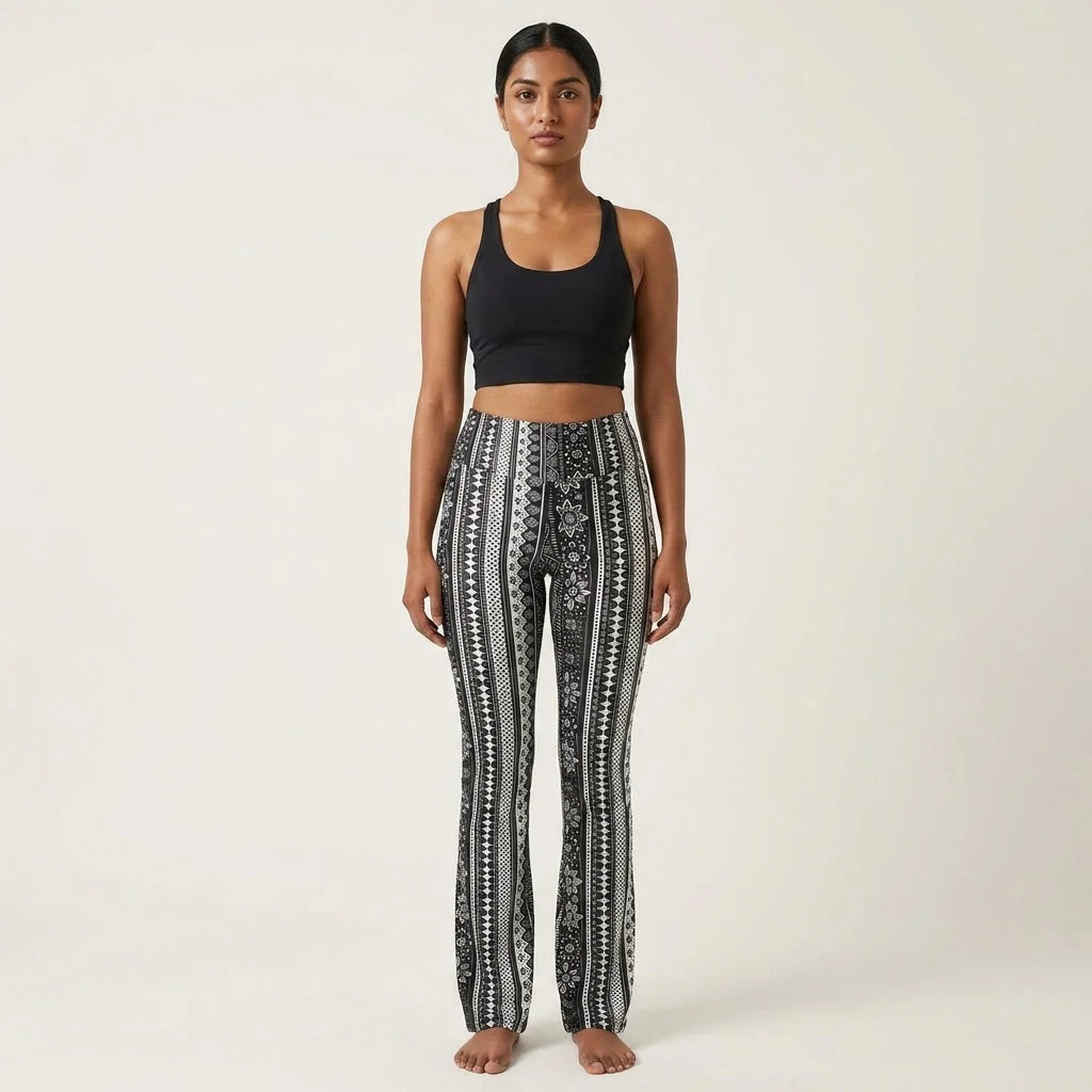Grey Flared Leggings With 70s Ethnic Stripe Print