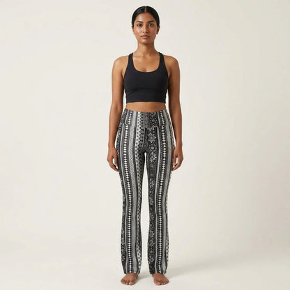 Grey Flared Leggings With 70s Ethnic Stripe Print