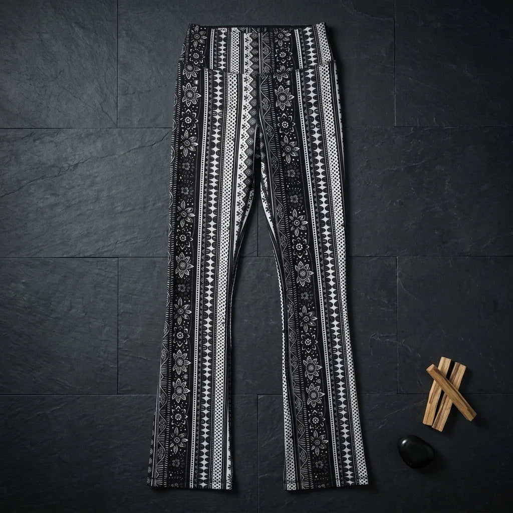 Grey Flared Leggings With 70s Ethnic Stripe Print