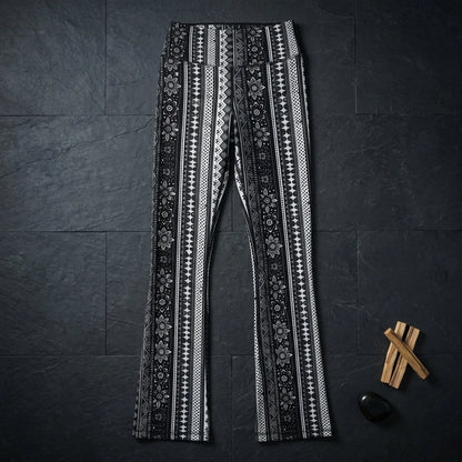 Grey Flared Leggings With 70s Ethnic Stripe Print