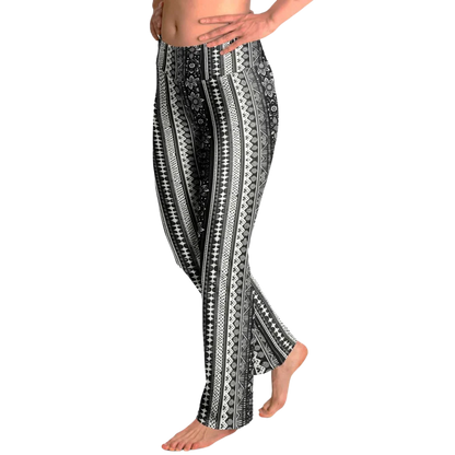 Grey Flared Leggings With 70s Ethnic Stripe Print