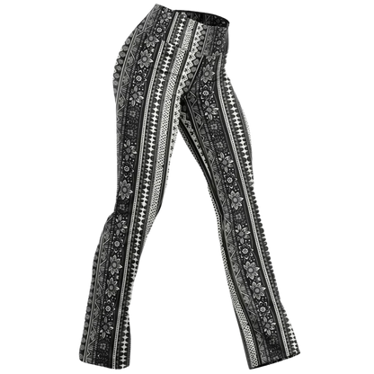Grey Flared Leggings With 70s Ethnic Stripe Print - XS