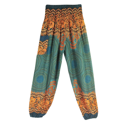 Ladies Boho Pants With High Waist Cotton Comfort - Mediterranean Green / one size