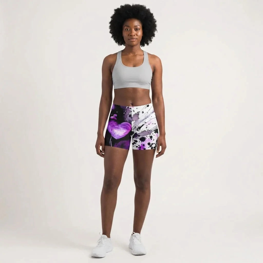 Ladies Yoga Shorts With Purple Heart Print Design