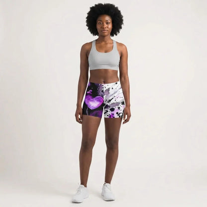 Ladies Yoga Shorts With Purple Heart Print Design