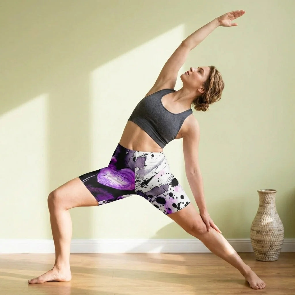 Ladies Yoga Shorts With Purple Heart Print Design