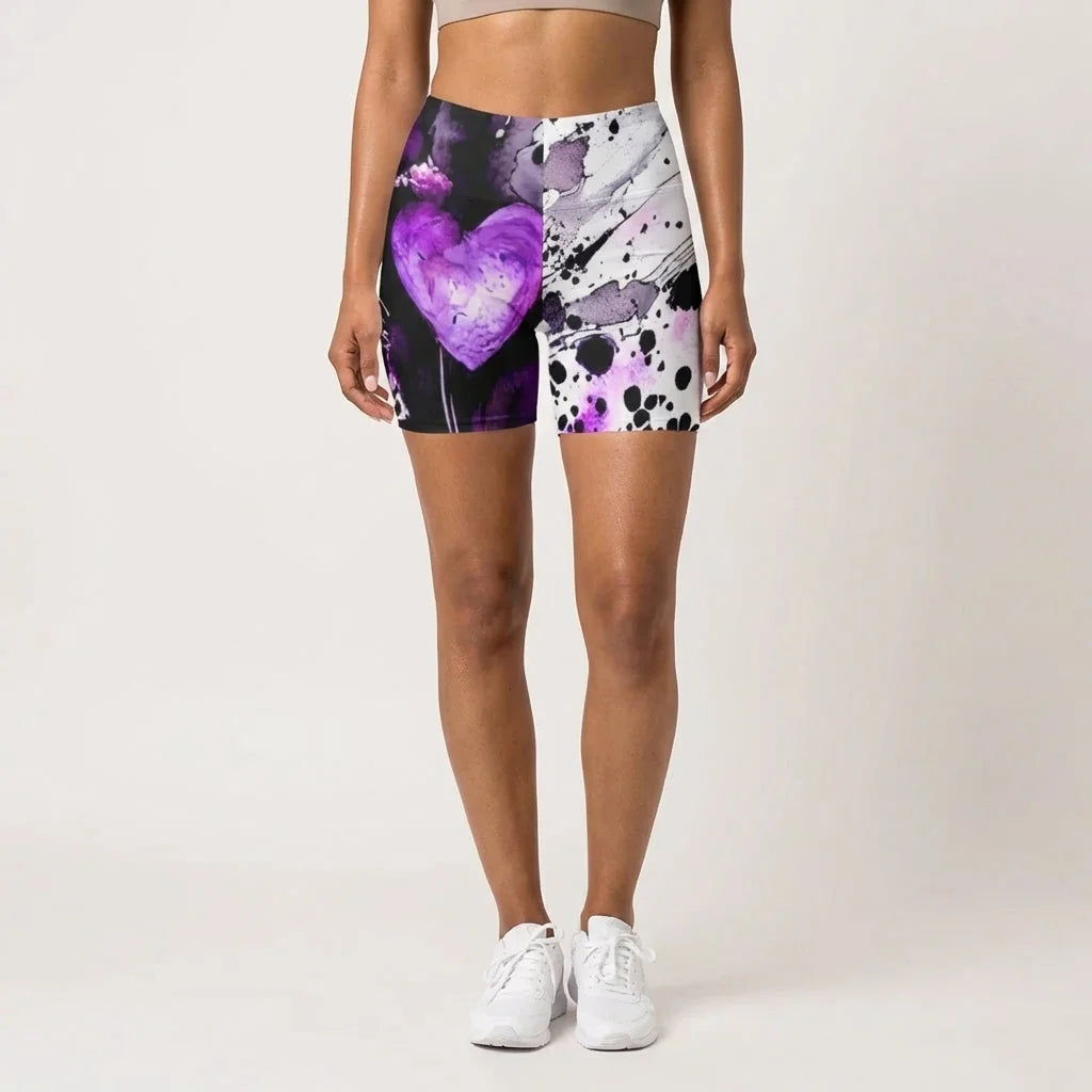 Ladies Yoga Shorts With Purple Heart Print Design