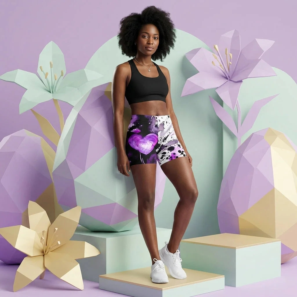 Ladies Yoga Shorts With Purple Heart Print Design
