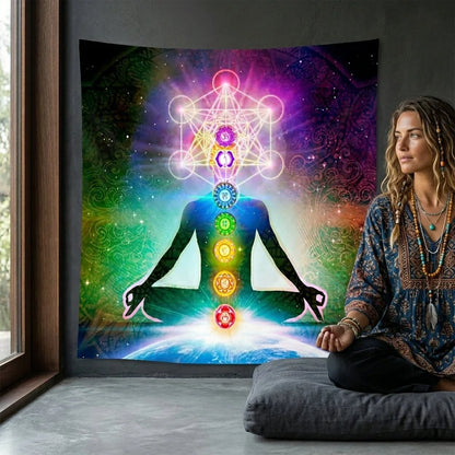 Large Tapestry With Chakra Symbols In Boho Style