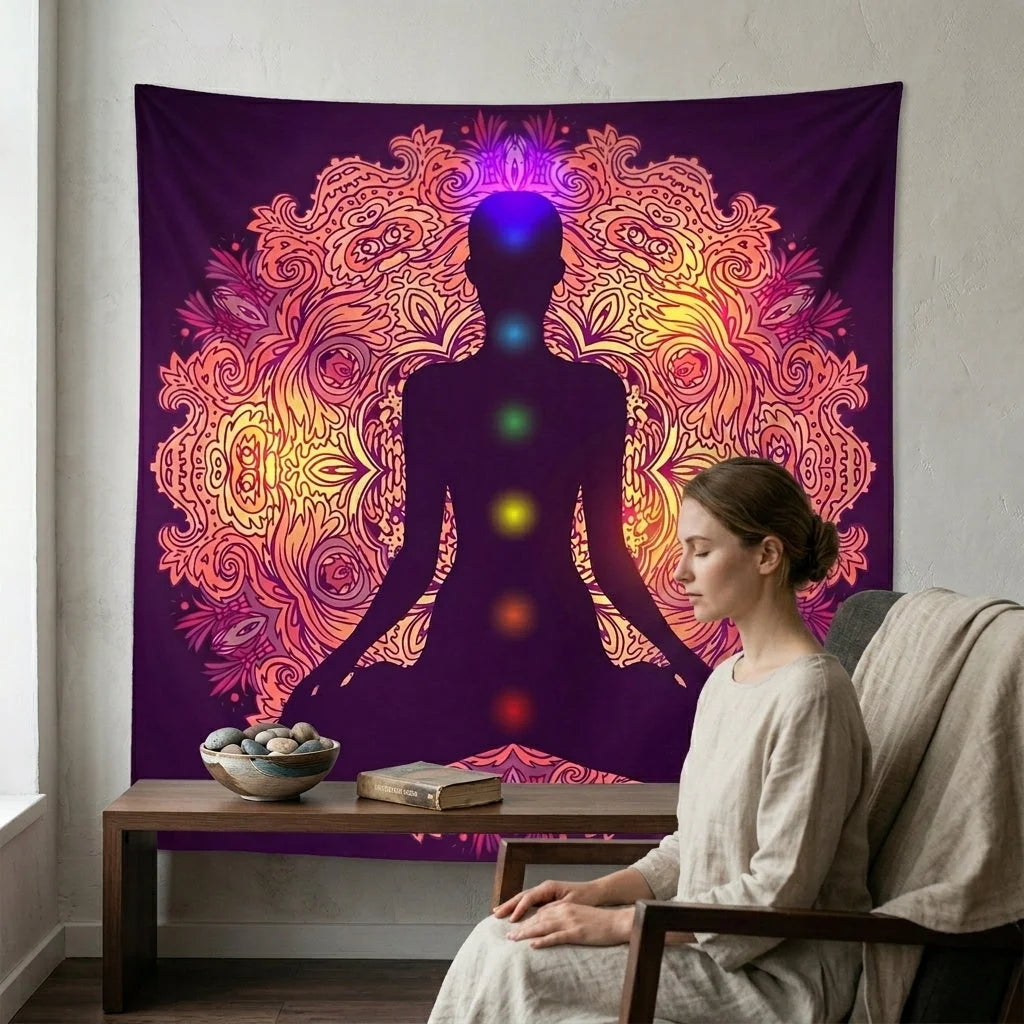 Large Tapestry With Chakra Symbols In Boho Style