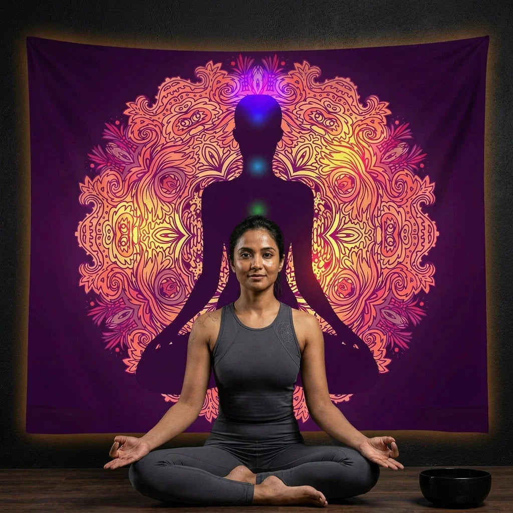Large Tapestry With Chakra Symbols In Boho Style