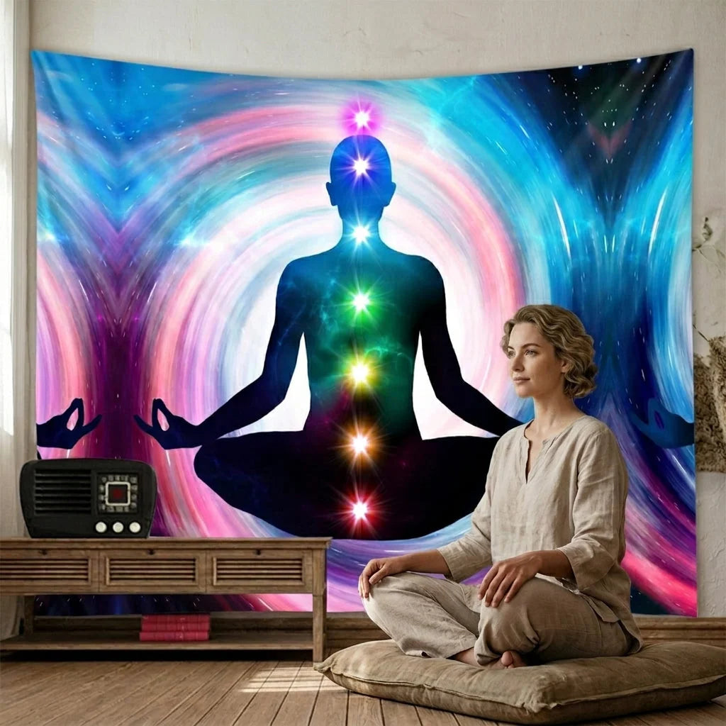 Large Tapestry With Chakra Symbols In Boho Style