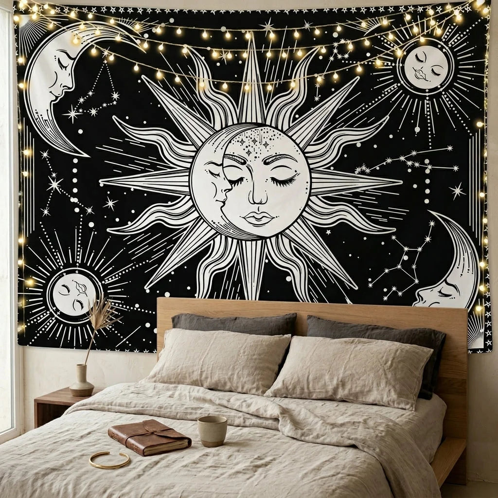 Large Wall Tapestry With Sun And Moon Mandalas
