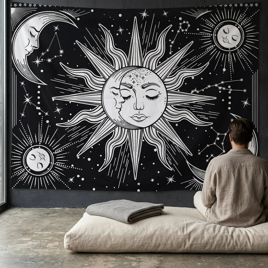 Large Wall Tapestry With Sun And Moon Mandalas