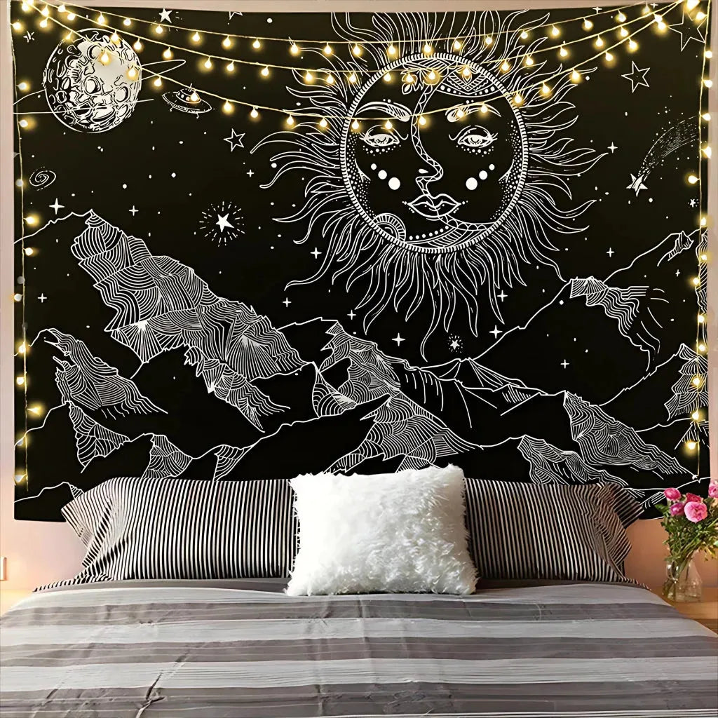 Large Wall Tapestry With Sun And Moon Mandalas - H / 95x73 cm