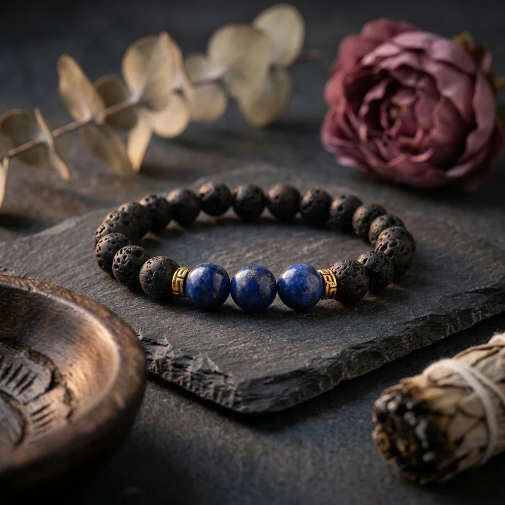 Lava Beads Bracelet With Natural Stone Accents