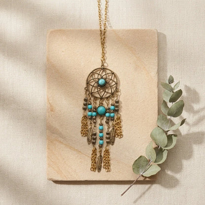 Long Bohemian Necklaces With Dreamcatcher Pendant - Silver