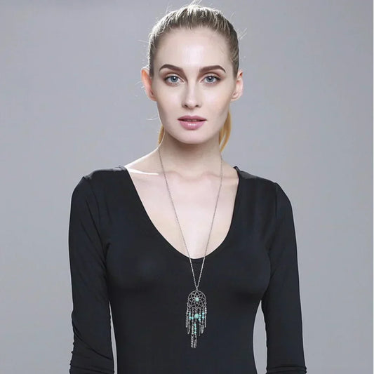 Long Bohemian Necklaces With Dreamcatcher Pendant - Silver