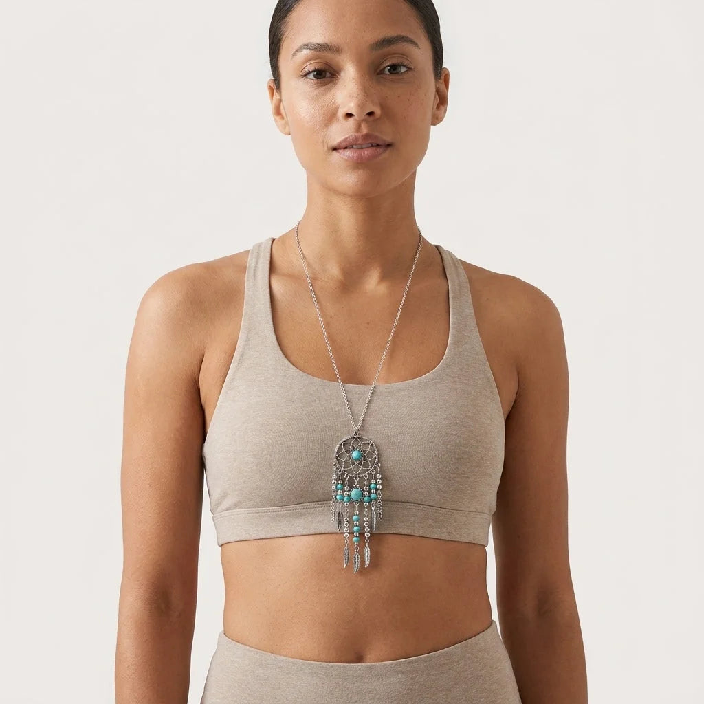 Long Bohemian Necklaces With Dreamcatcher Pendant - Silver
