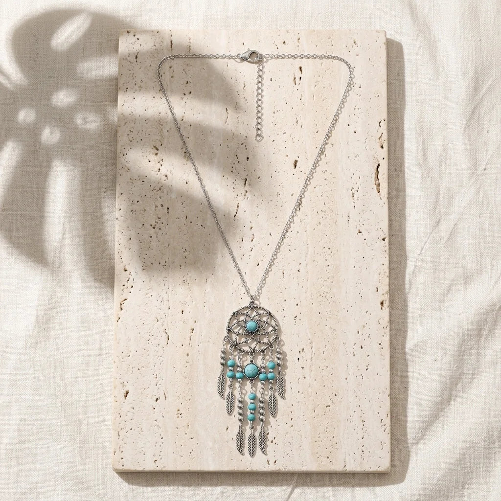 Long Bohemian Necklaces With Dreamcatcher Pendant - Silver