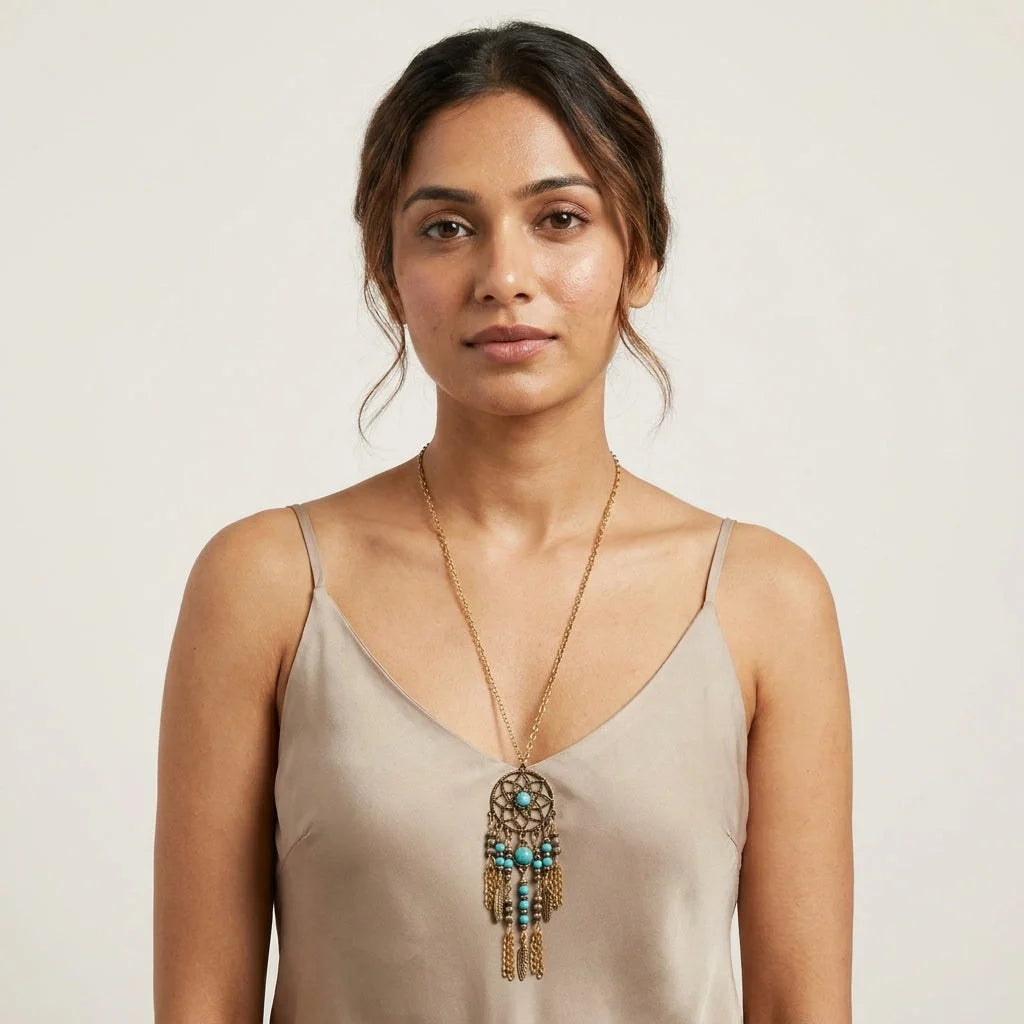 Long Bohemian Necklaces With Dreamcatcher Pendant - Silver