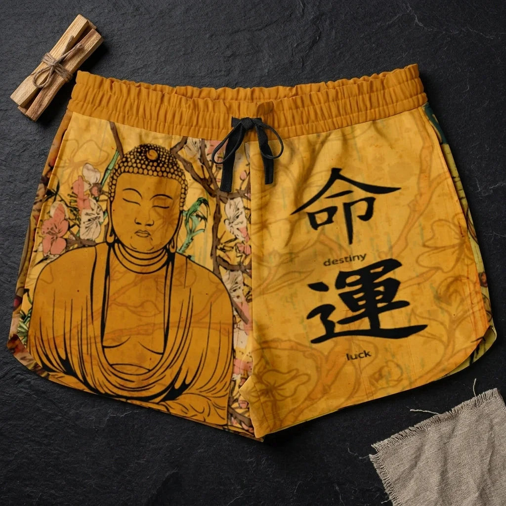 Loose Fitting Shorts Women Buddha Sakura Print