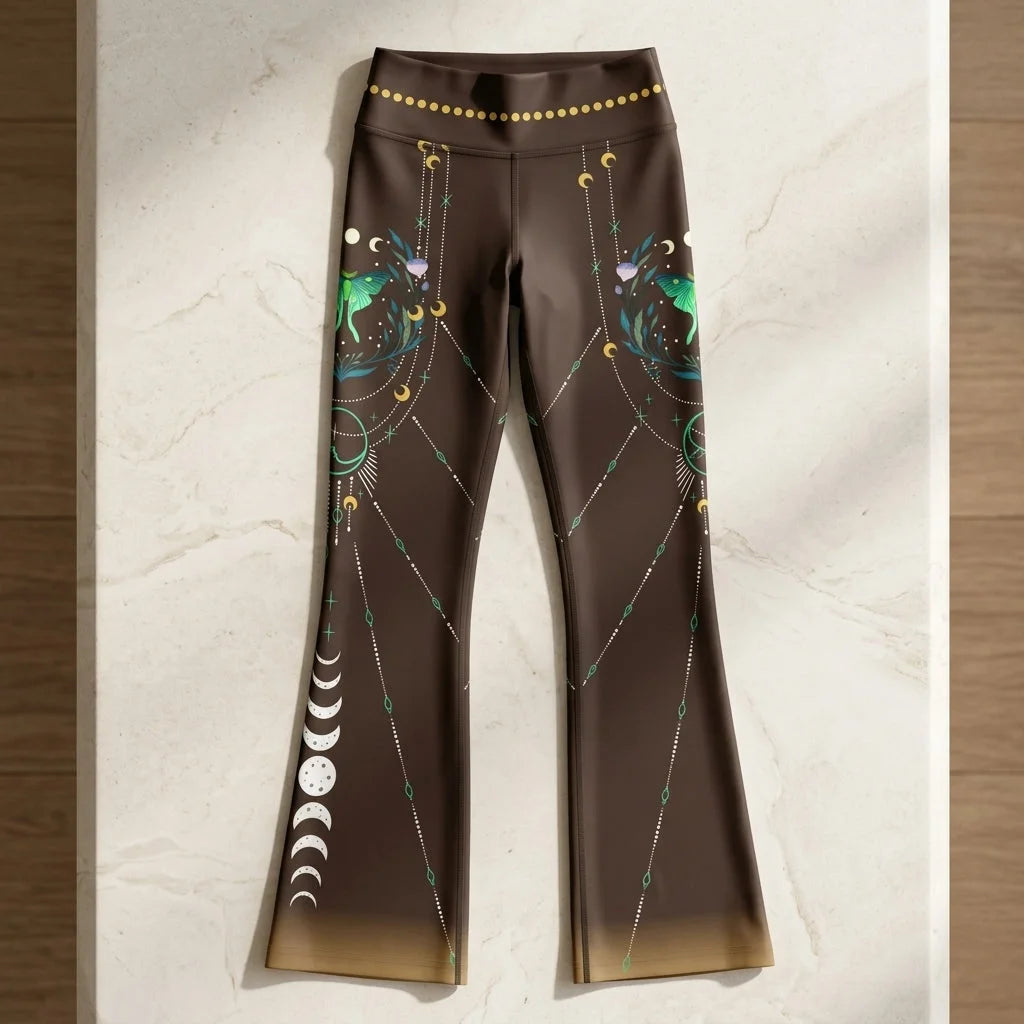 Luna Moth Brown Flare Leggings With Moon Phases