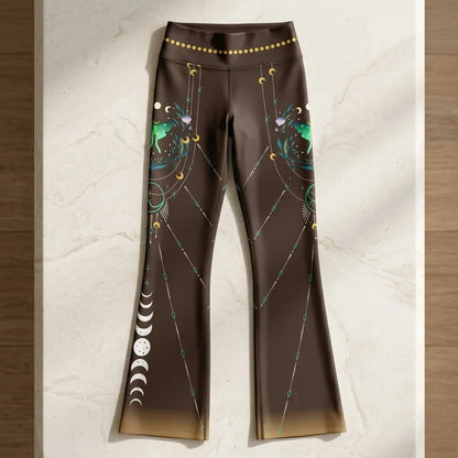 Luna Moth Brown Flare Leggings With Moon Phases