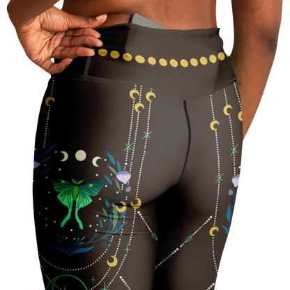 Luna Moth Brown Flare Leggings With Moon Phases