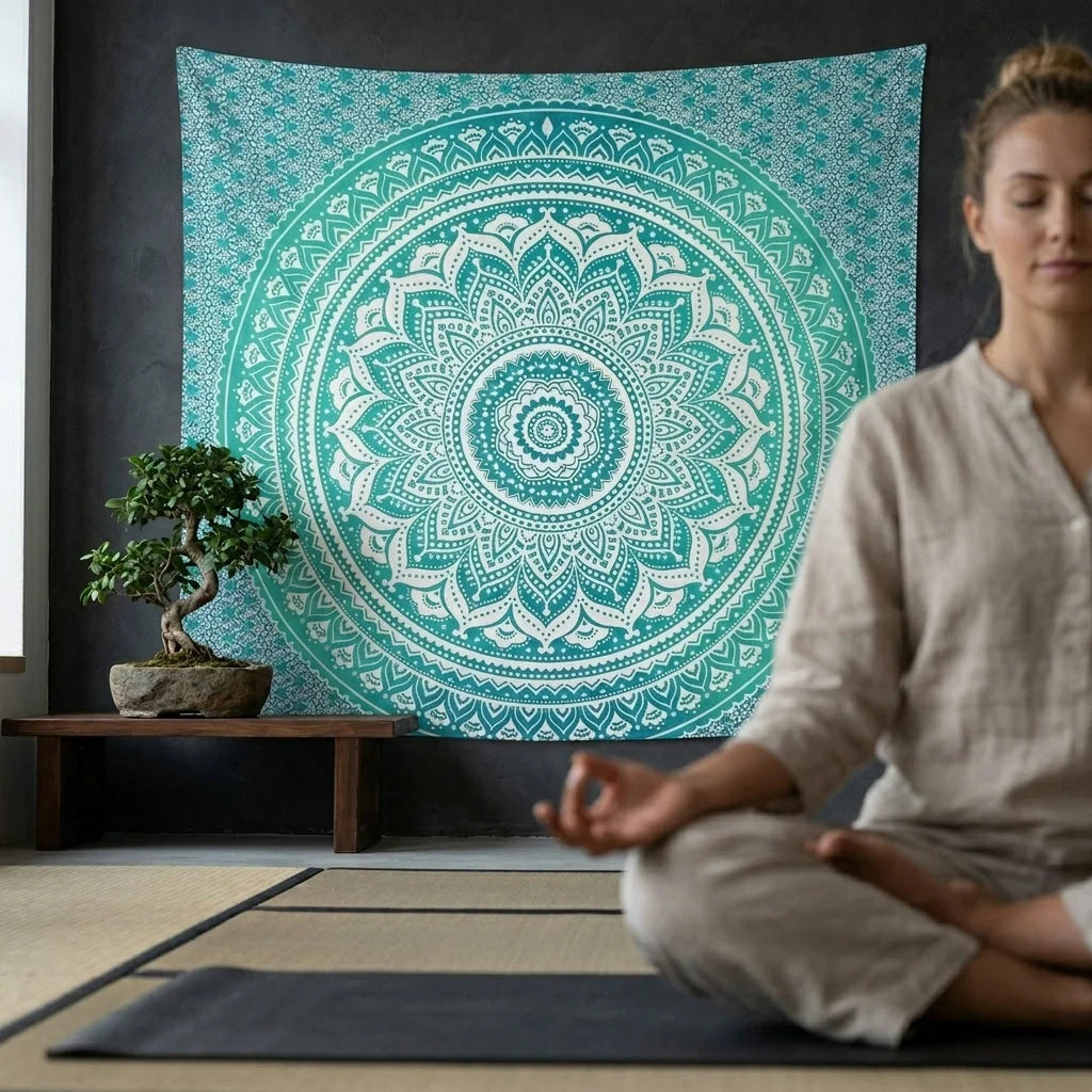 Mandala Tapestry Wall Hanging In Green And Blue