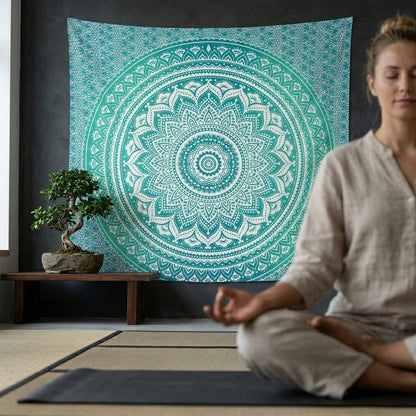 Mandala Tapestry Wall Hanging In Green And Blue