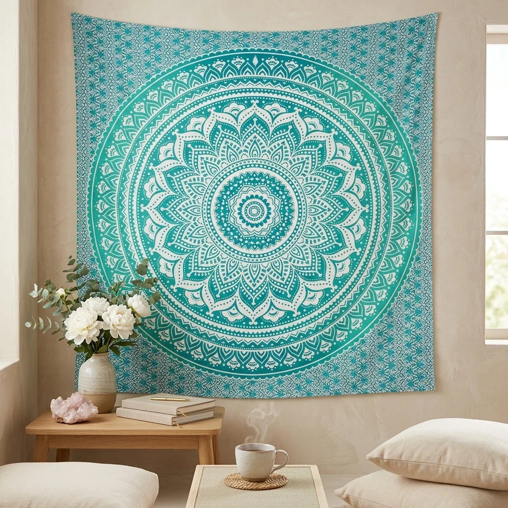 Mandala Tapestry Wall Hanging In Green And Blue