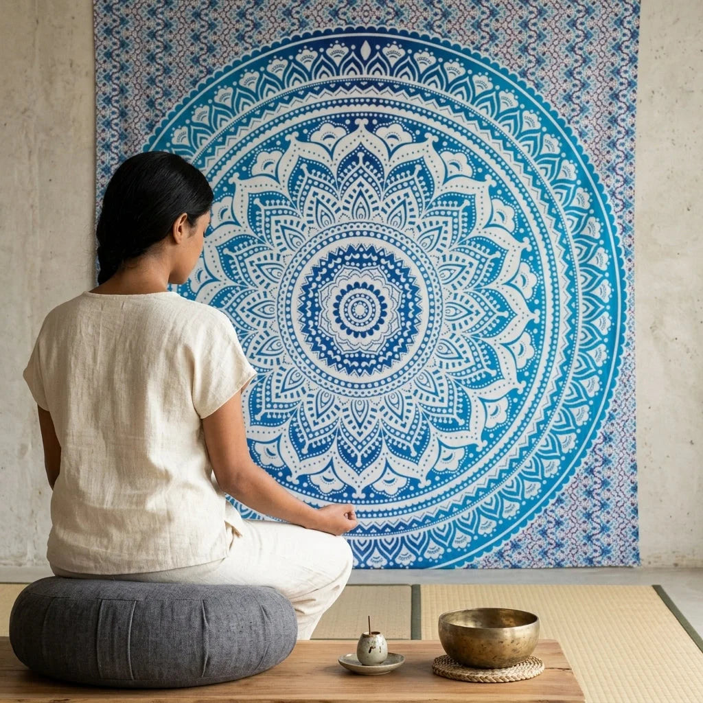 Mandala Tapestry Wall Hanging In Green And Blue