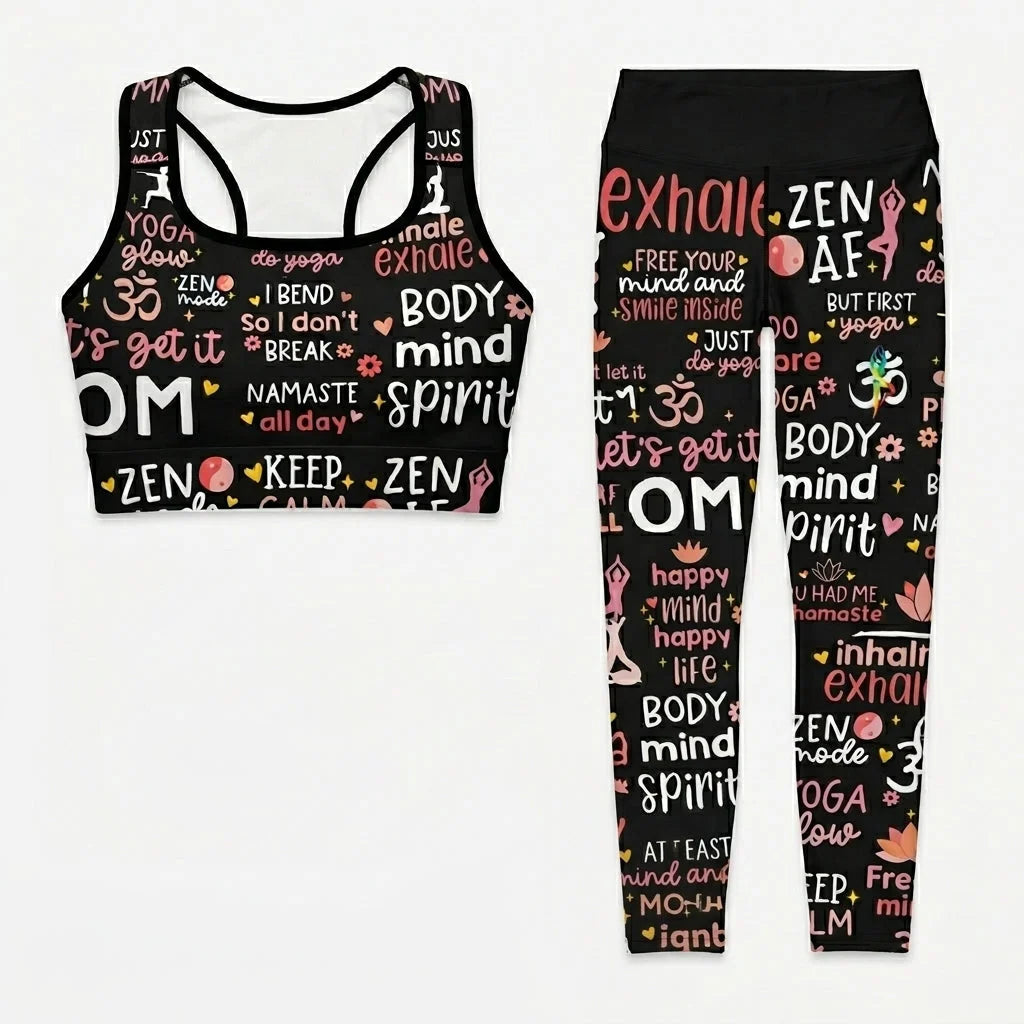 Mantra Print Yoga Bra And Pants Set