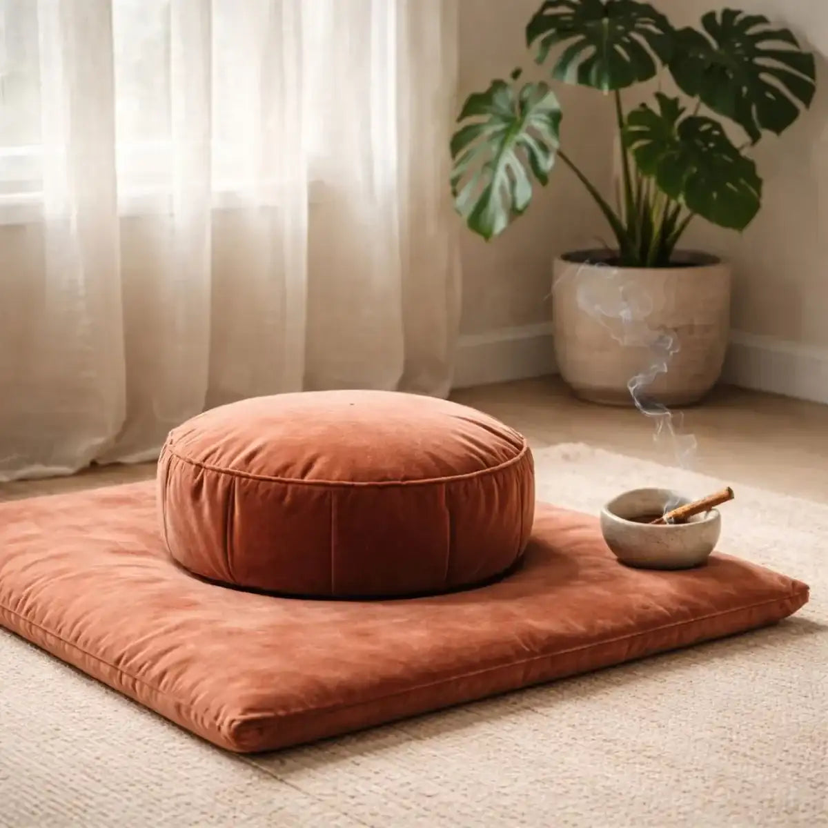 Terracotta velvet meditation cushion with palo santo and soft linen curtains in a serene sanctuary corner