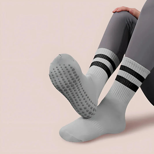 Mid Calf Grip Socks Yoga Comfort Fit For Women - 2 Black Bars Gray / one size