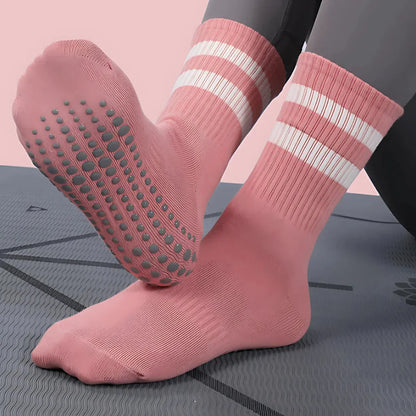 Mid Calf Grip Socks Yoga Comfort Fit For Women - 2 White Bars Pink / one size