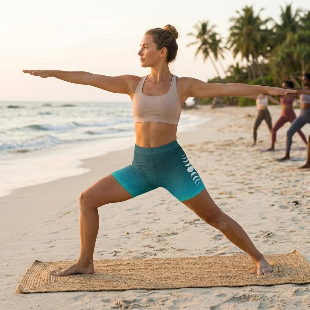 Moon Phase Gradient Shorts For Yoga In Teal Blue