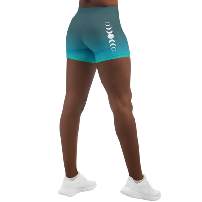 Moon Phase Gradient Shorts For Yoga In Teal Blue