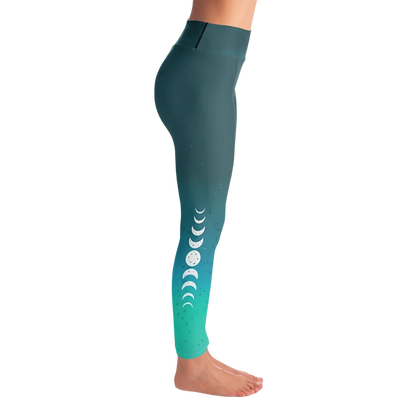 Moon Phases Summer Yoga Leggings In Teal Gradient