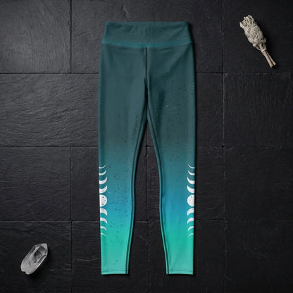 Moon Phases Summer Yoga Leggings In Teal Gradient