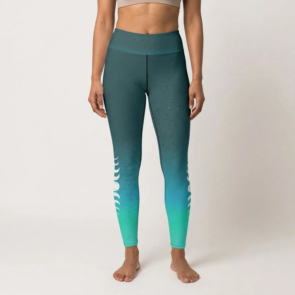 Moon Phases Summer Yoga Leggings In Teal Gradient