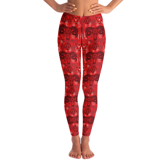 Mystic Geometry Red Yoga Leggings With Occult Design - XS