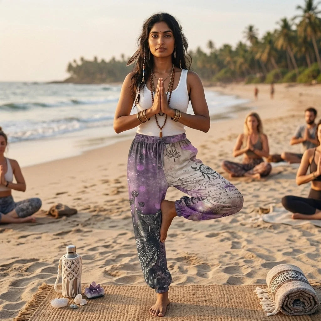 Mystic Owl Womens Harem Trousers in Purple Mist
