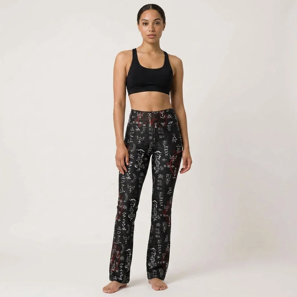 Mystic Print Black Flared Leggings With Alchemy Symbols