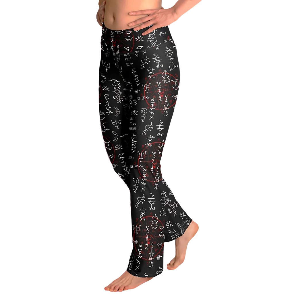 Mystic Print Black Flared Leggings With Alchemy Symbols
